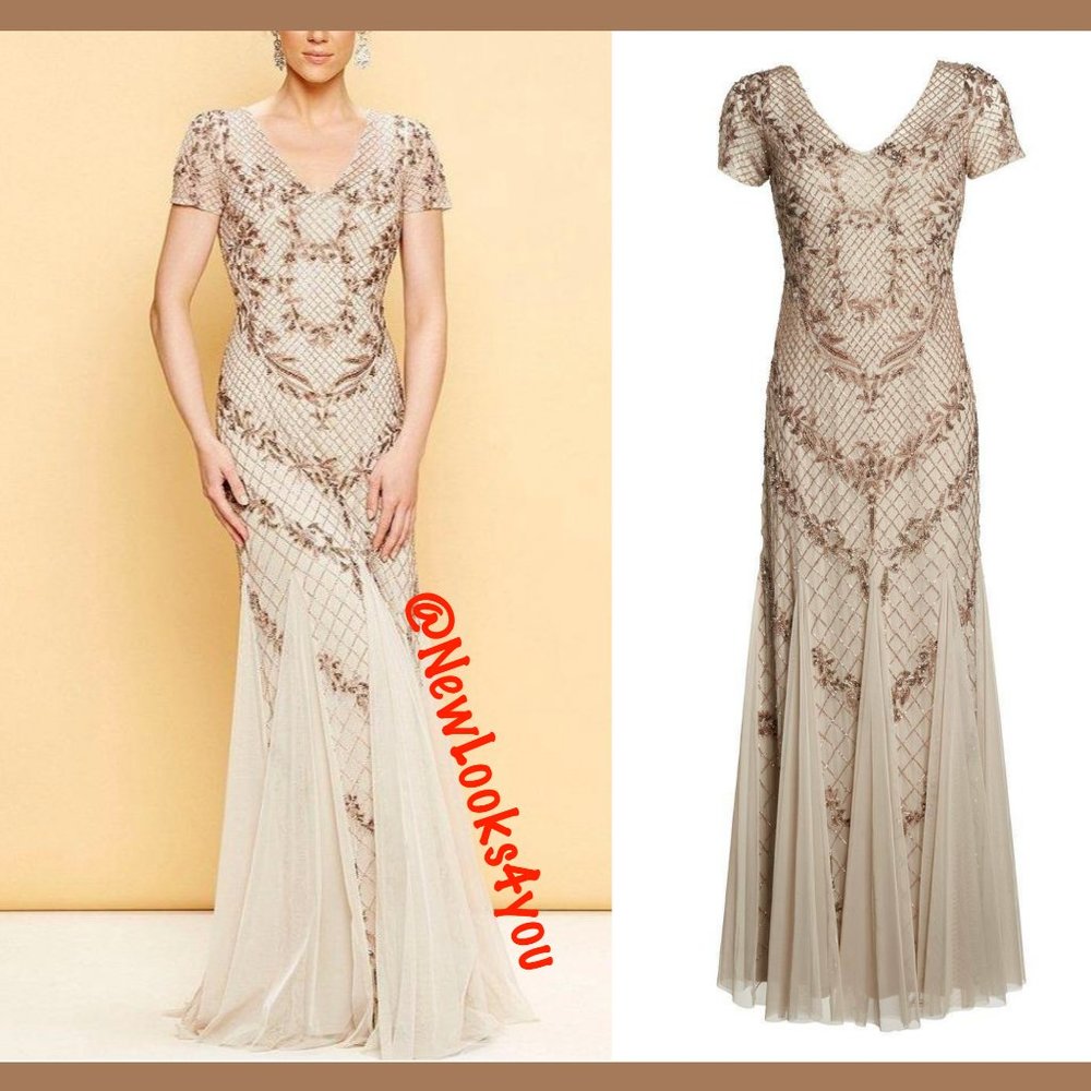NWT $379‎ Adrianna Papell Beaded Mesh Mermaid Gown Floral Biscotti [SZ 8 ]